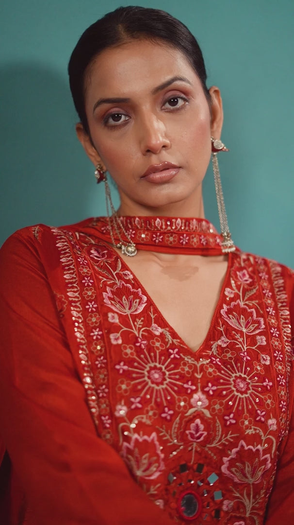 Rust Silk Blend Embroidered and Mirrorworka Straight Kurta Set with Choker Net Dupatta