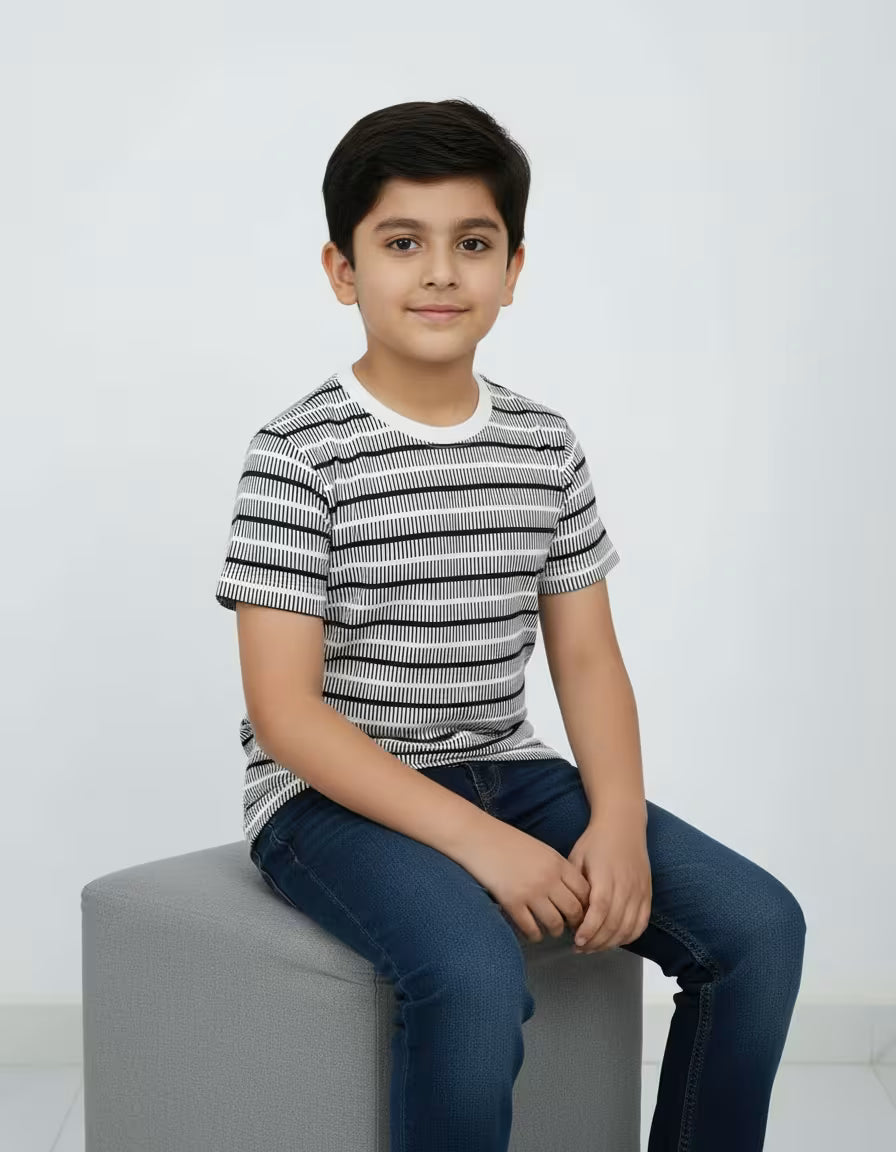 Boys Striped Cationic Fabric T-Shirt – Stylish Casual Wear for Kids