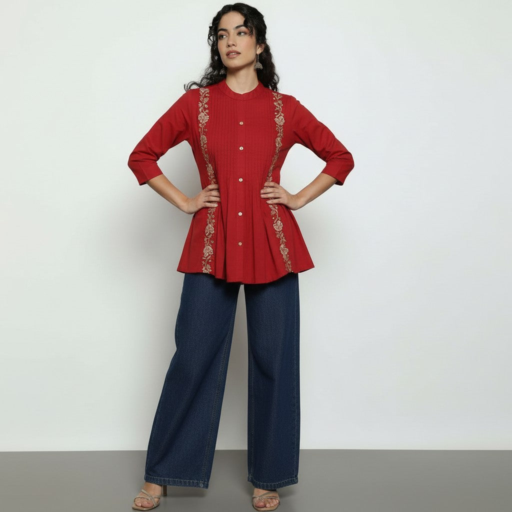 Women’s Ruby Red Cotton Pleated & Embroidered Short Top