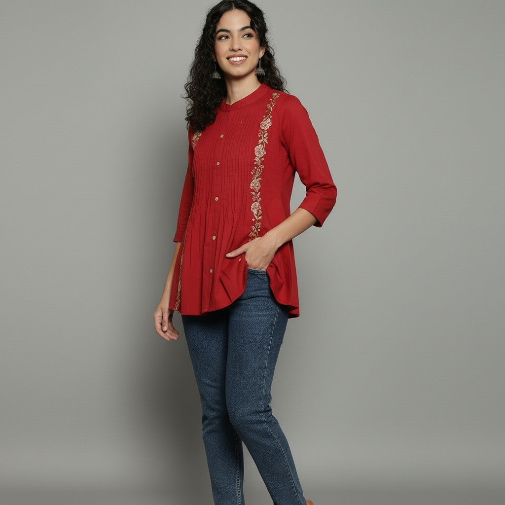 Women’s Ruby Red Cotton Pleated & Embroidered Short Top