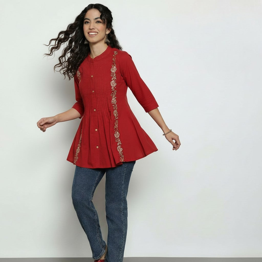 Women’s Ruby Red Cotton Pleated & Embroidered Short Top