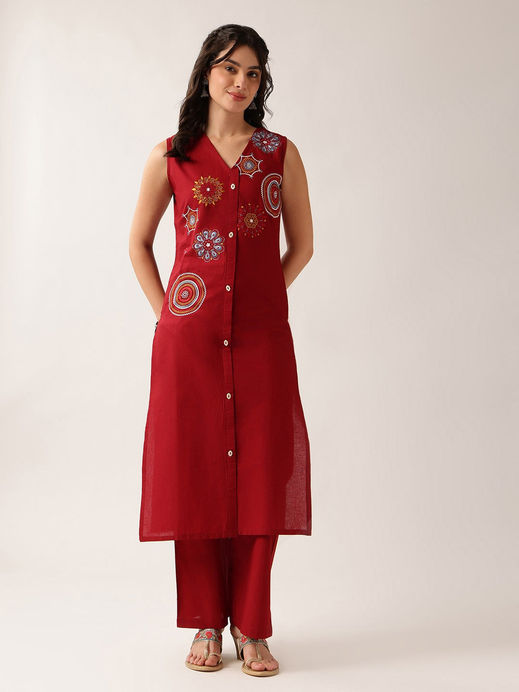 Women's Purple Printed Cotton Sleeveless Kurta with Straight Pants Set