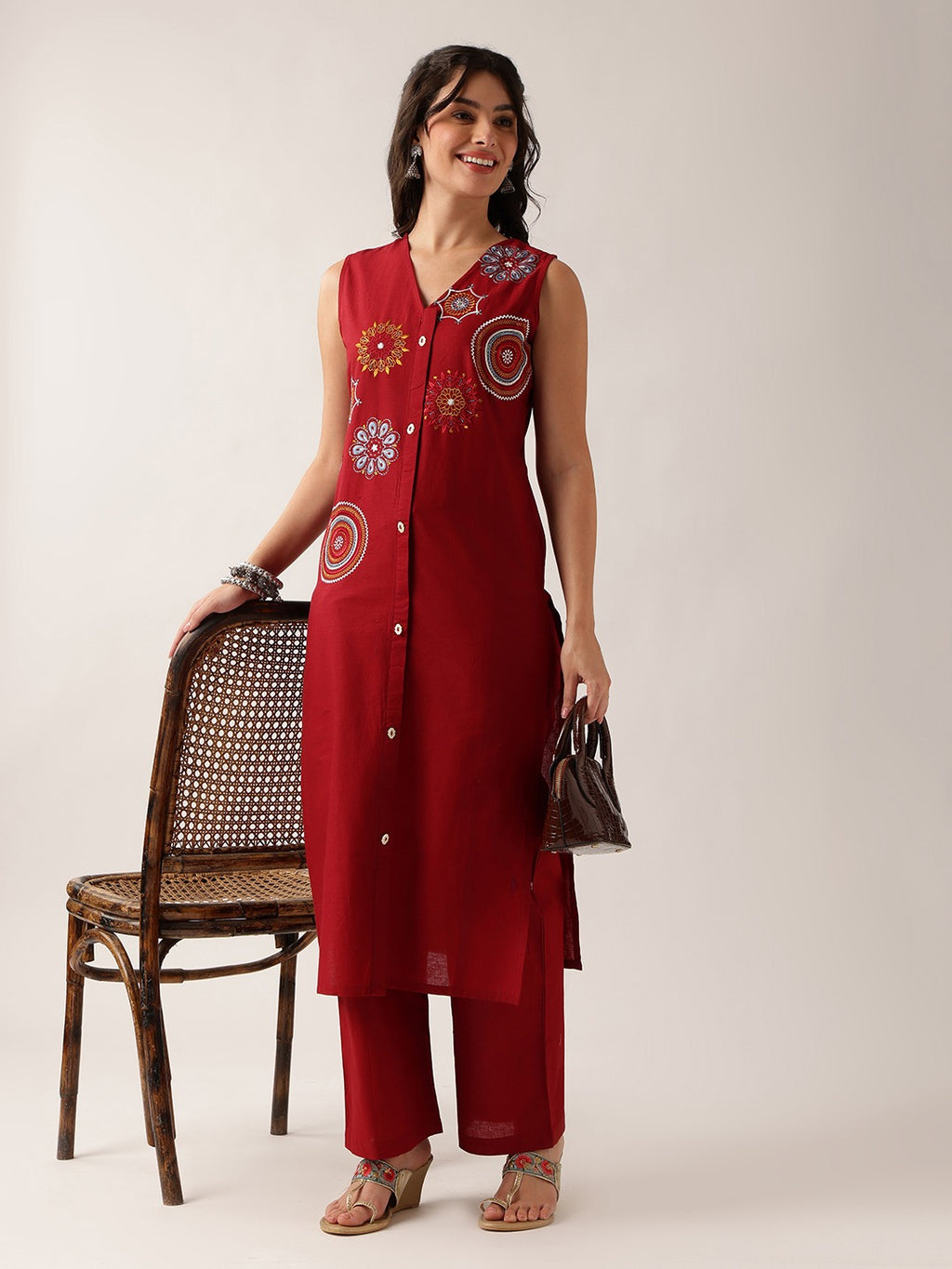 Women's Purple Printed Cotton Sleeveless Kurta with Straight Pants Set