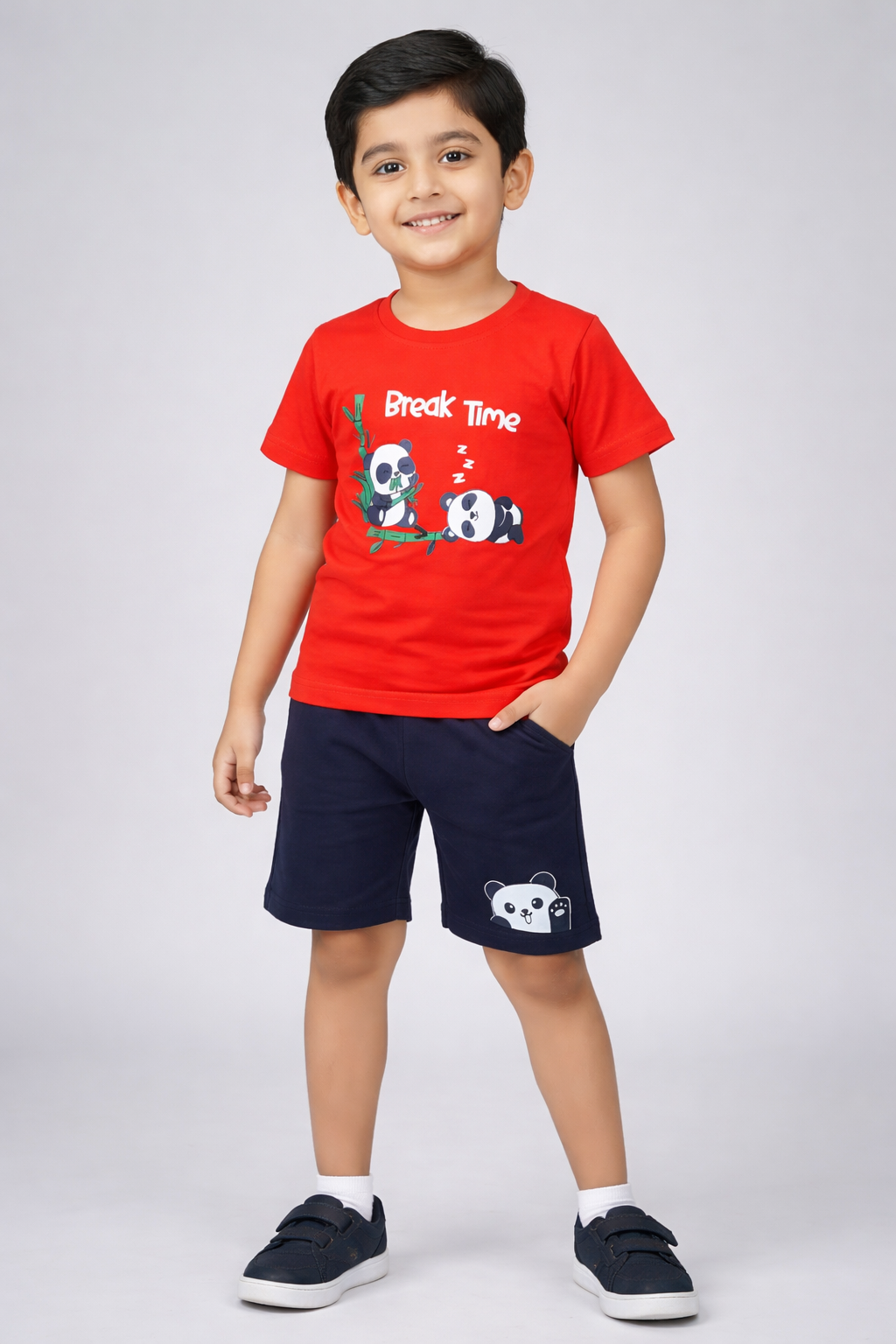 Kids Pure Cotton Printed T-Shirt & Shorts Set – Red & Navy | Soft Summer Co-ord