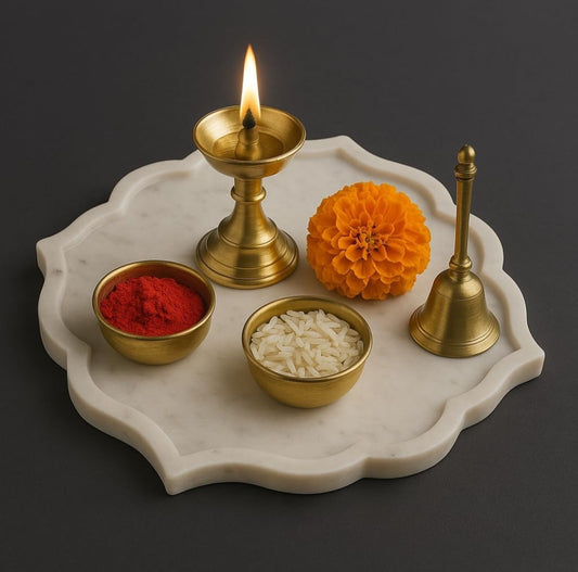 Arti Thali, Pooja Thali, White Marble, Pooja Thali for Diwali, Karwa Chauth, Aarti Plate, Pooja Plate, Brass