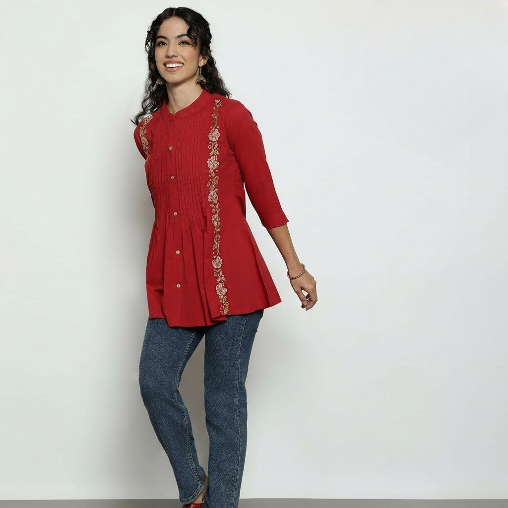 Women’s Ruby Red Cotton Pleated & Embroidered Short Top