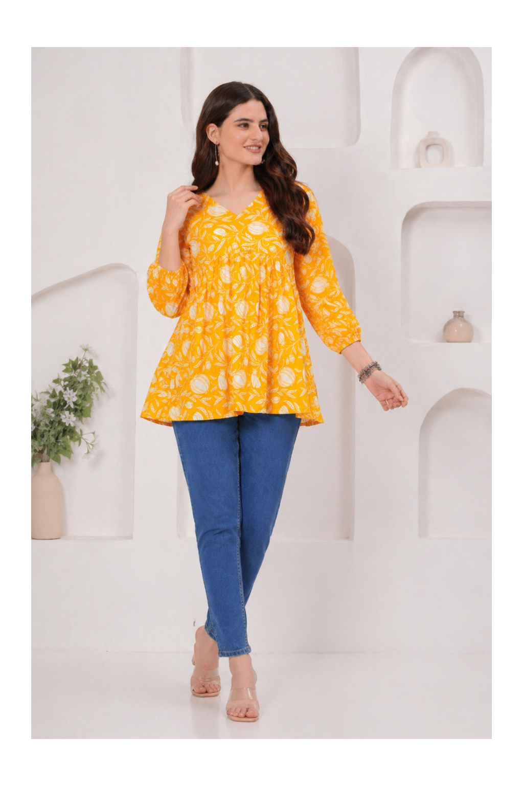 Mustard Yellow Floral Printed Cotton Alia Top