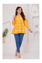 Mustard Yellow Floral Printed Cotton Alia Top