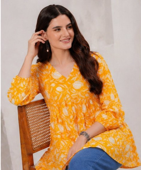Mustard Yellow Floral Printed Cotton Alia Top