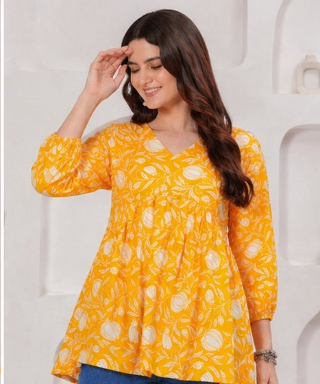 Mustard Yellow Floral Printed Cotton Alia Top