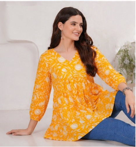Mustard Yellow Floral Printed Cotton Alia Top