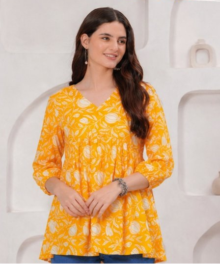 Mustard Yellow Floral Printed Cotton Alia Top