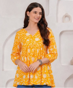 Mustard Yellow Floral Printed Cotton Alia Top