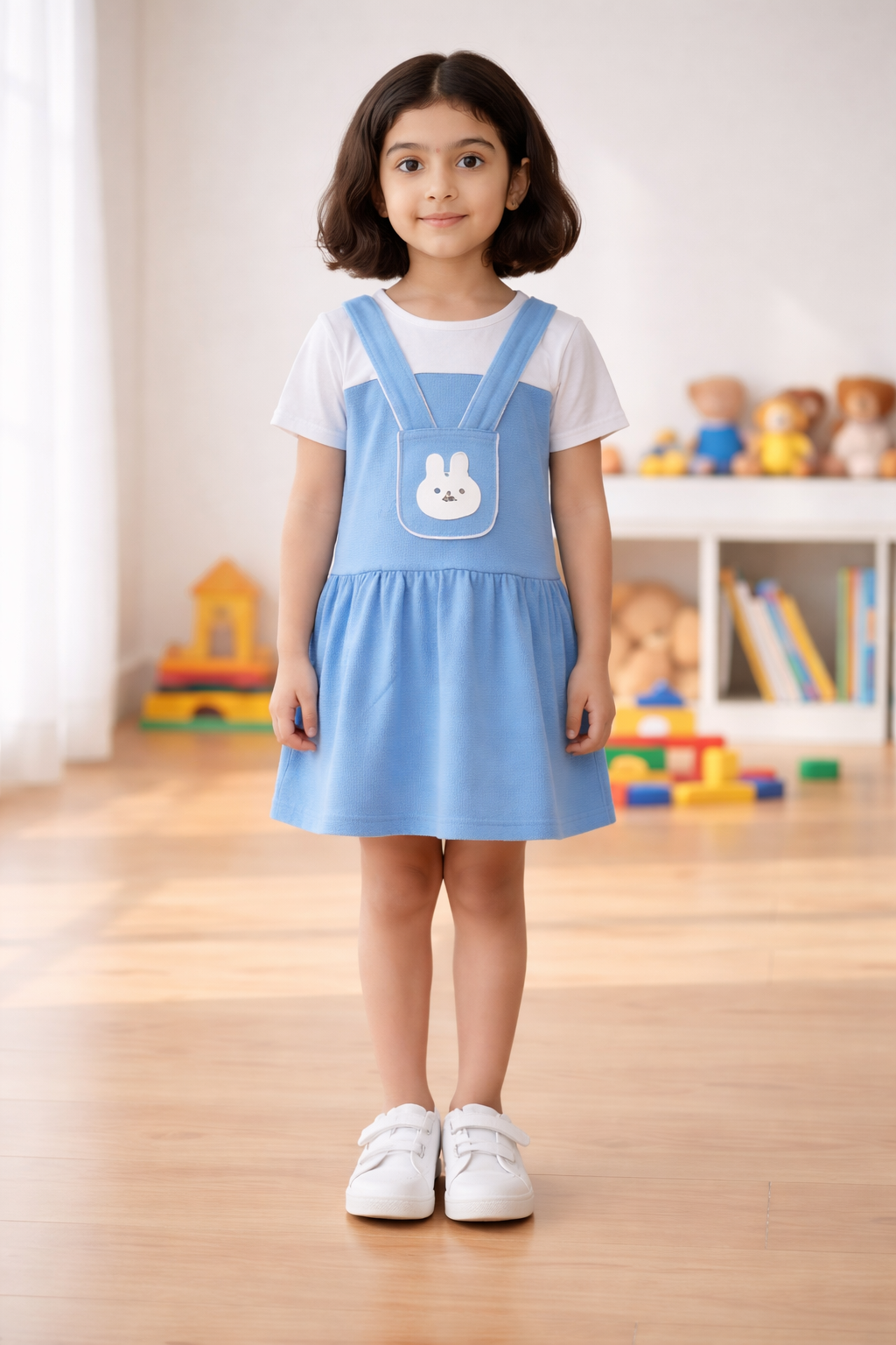 Girls Sky Blue Bunny Pinafore Frock – Soft Interlock Cotton