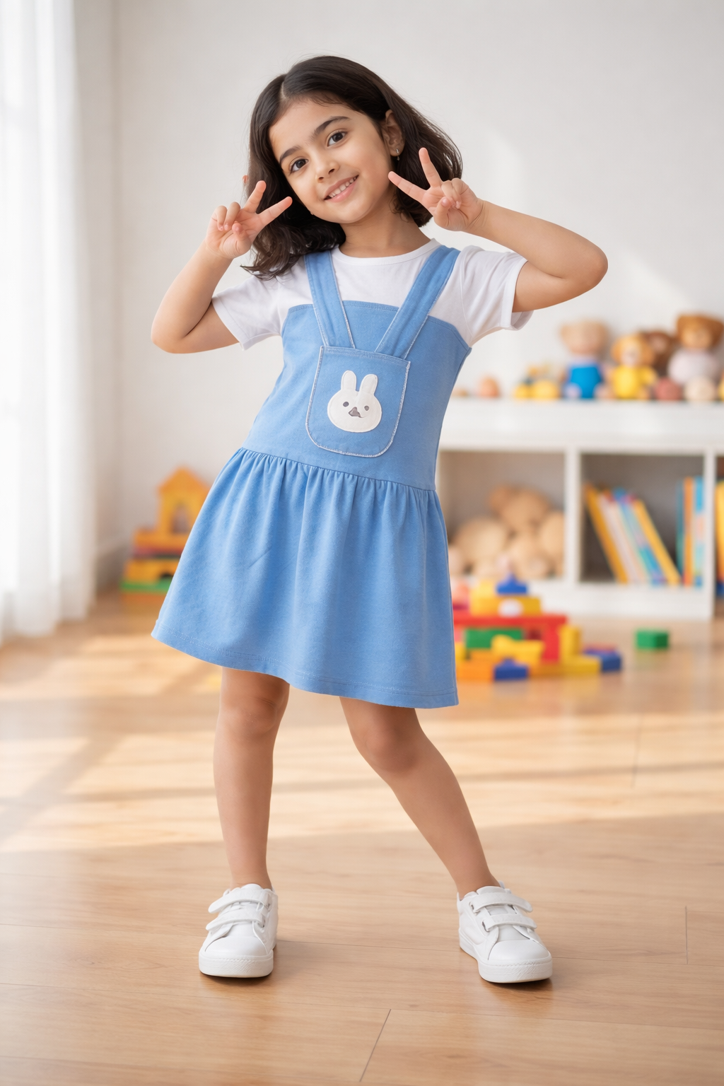 Girls Sky Blue Bunny Pinafore Frock – Soft Interlock Cotton