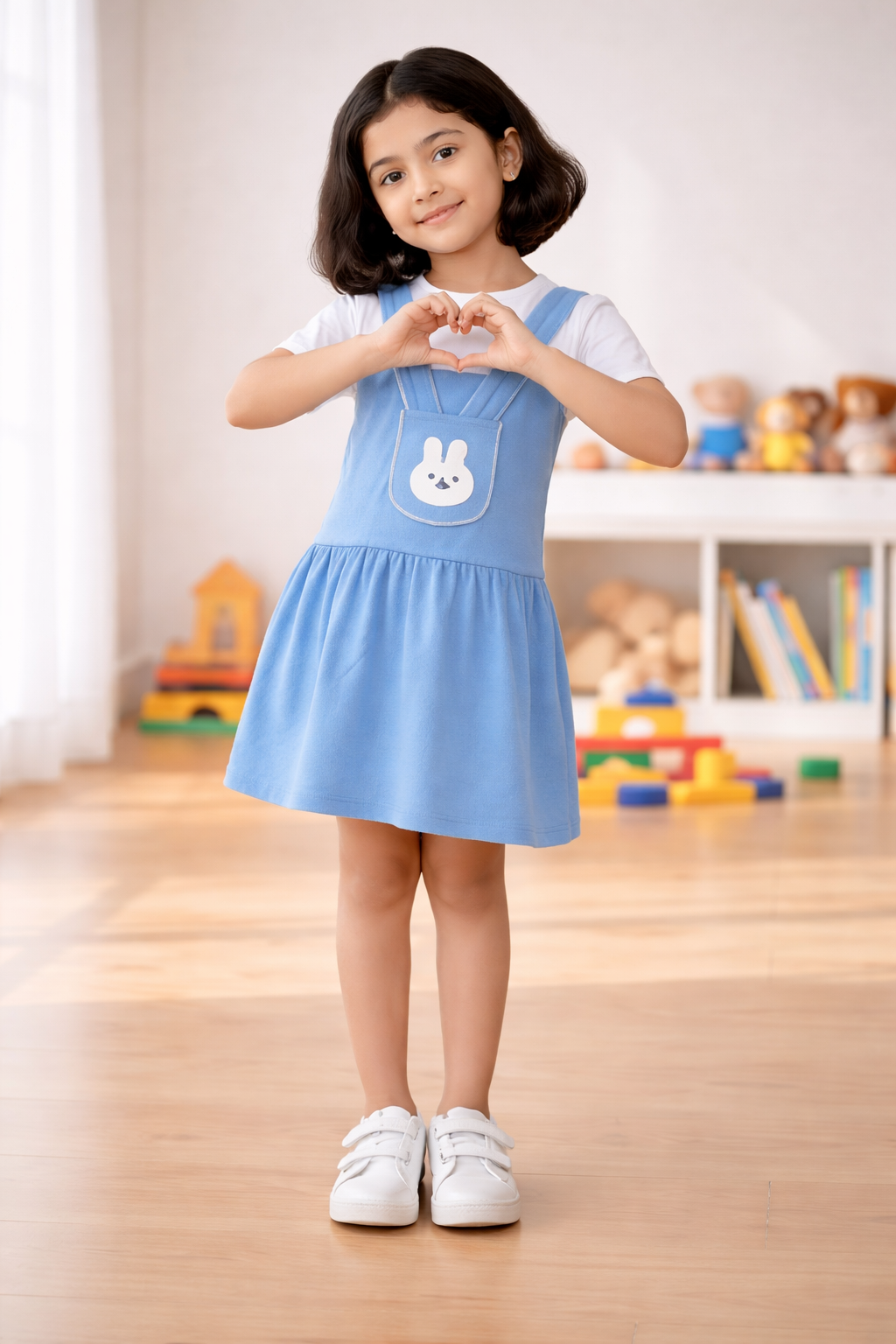 Girls Sky Blue Bunny Pinafore Frock – Soft Interlock Cotton