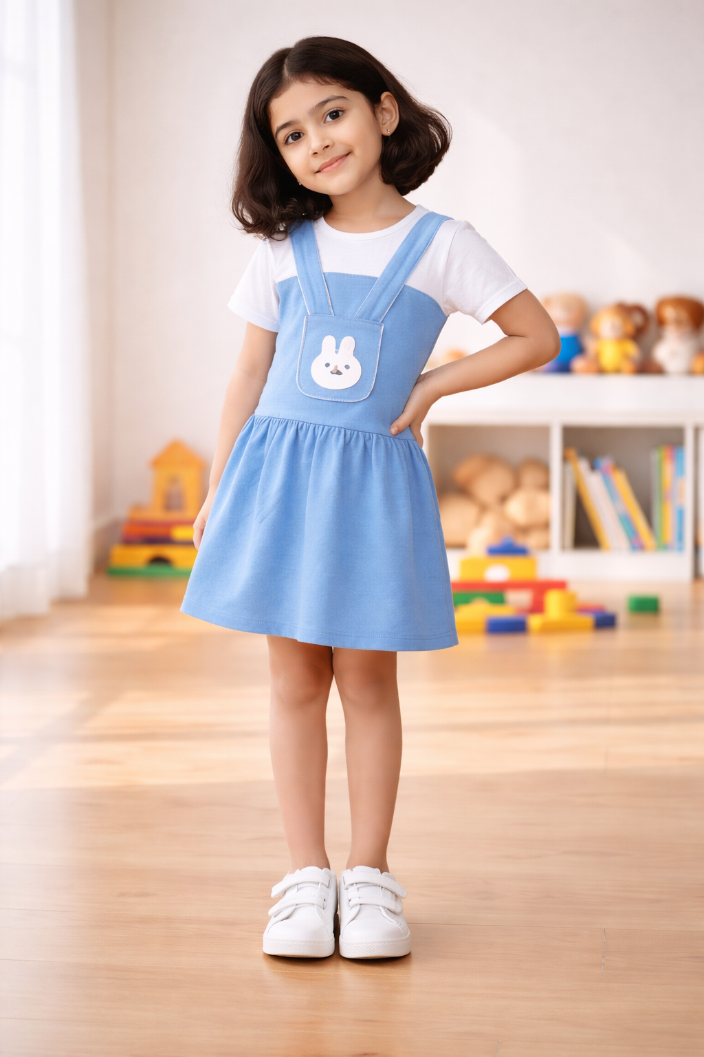 Girls Sky Blue Bunny Pinafore Frock – Soft Interlock Cotton