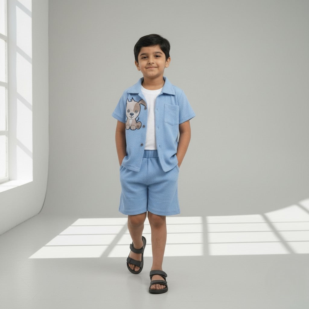 Boys Premium Set – Cartoon Printed Shirt & Shorts with Inner Tee