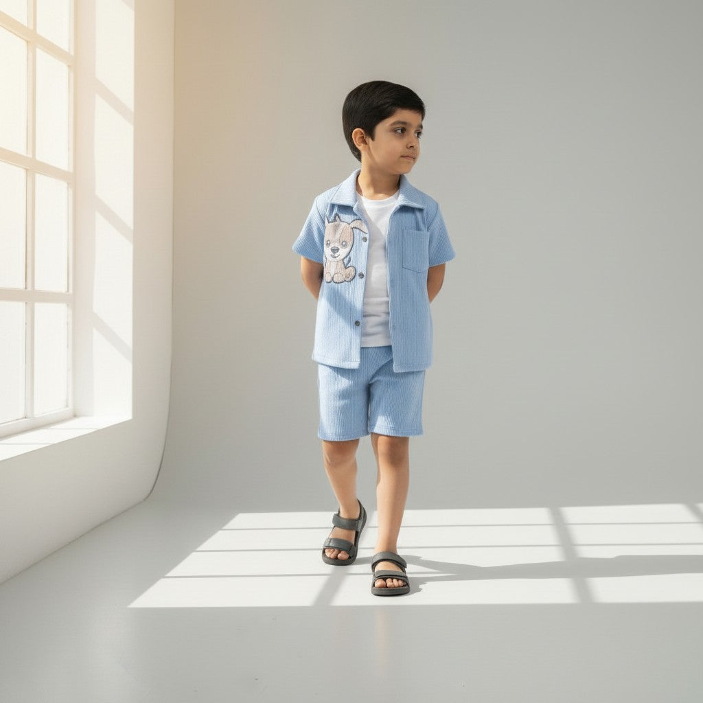 Boys Premium Set – Cartoon Printed Shirt & Shorts with Inner Tee