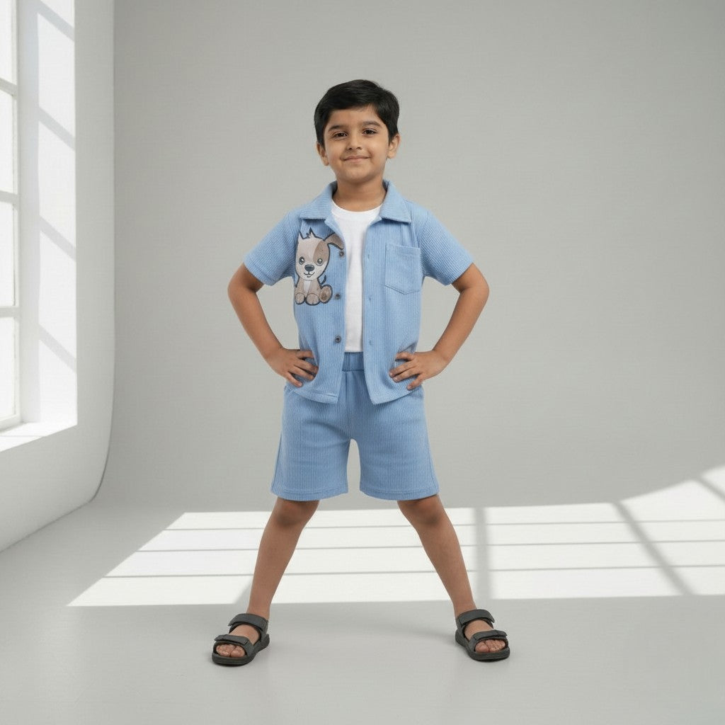 Boys Premium Set – Cartoon Printed Shirt & Shorts with Inner Tee