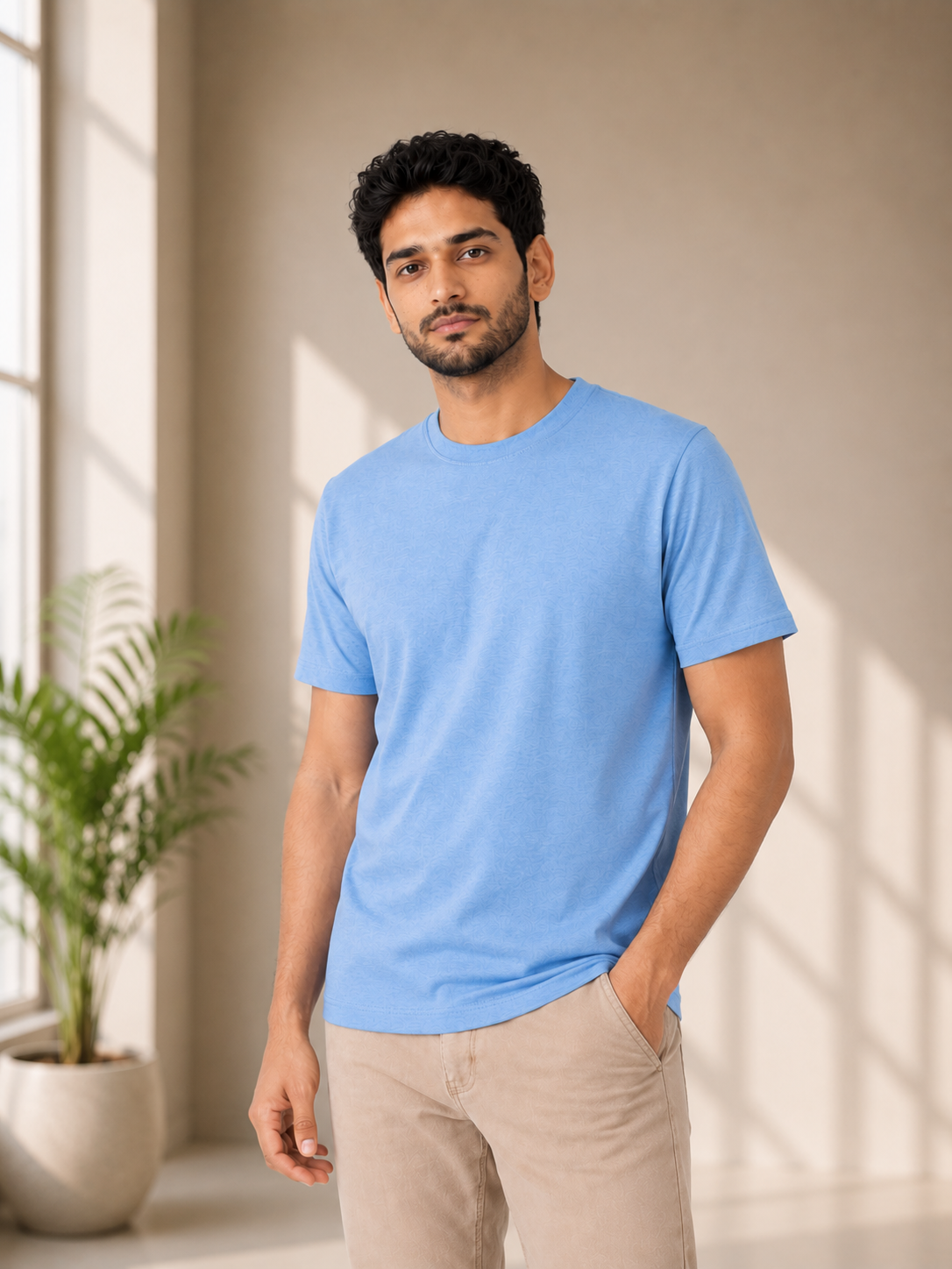 Man wearing a light blue t-shirt standing in a bright room with a plant in the background