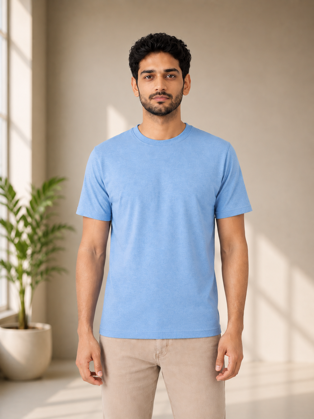 Man wearing a light blue t-shirt standing in a room with a plant and neutral wall.