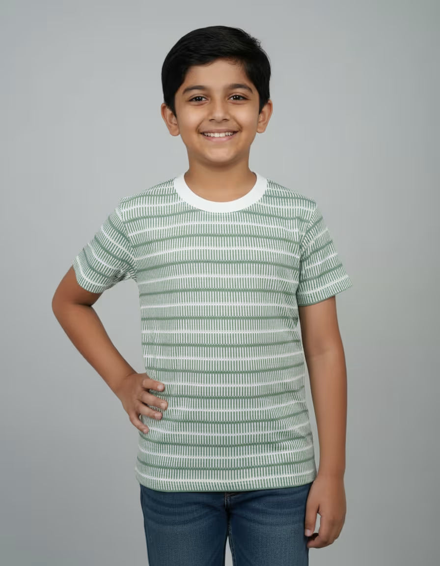 Boys Green Striped Cationic Fabric T-Shirt – Soft Casual Kids Wear