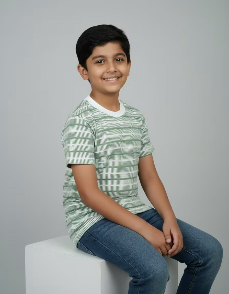 Boys Green Striped Cationic Fabric T-Shirt – Soft Casual Kids Wear