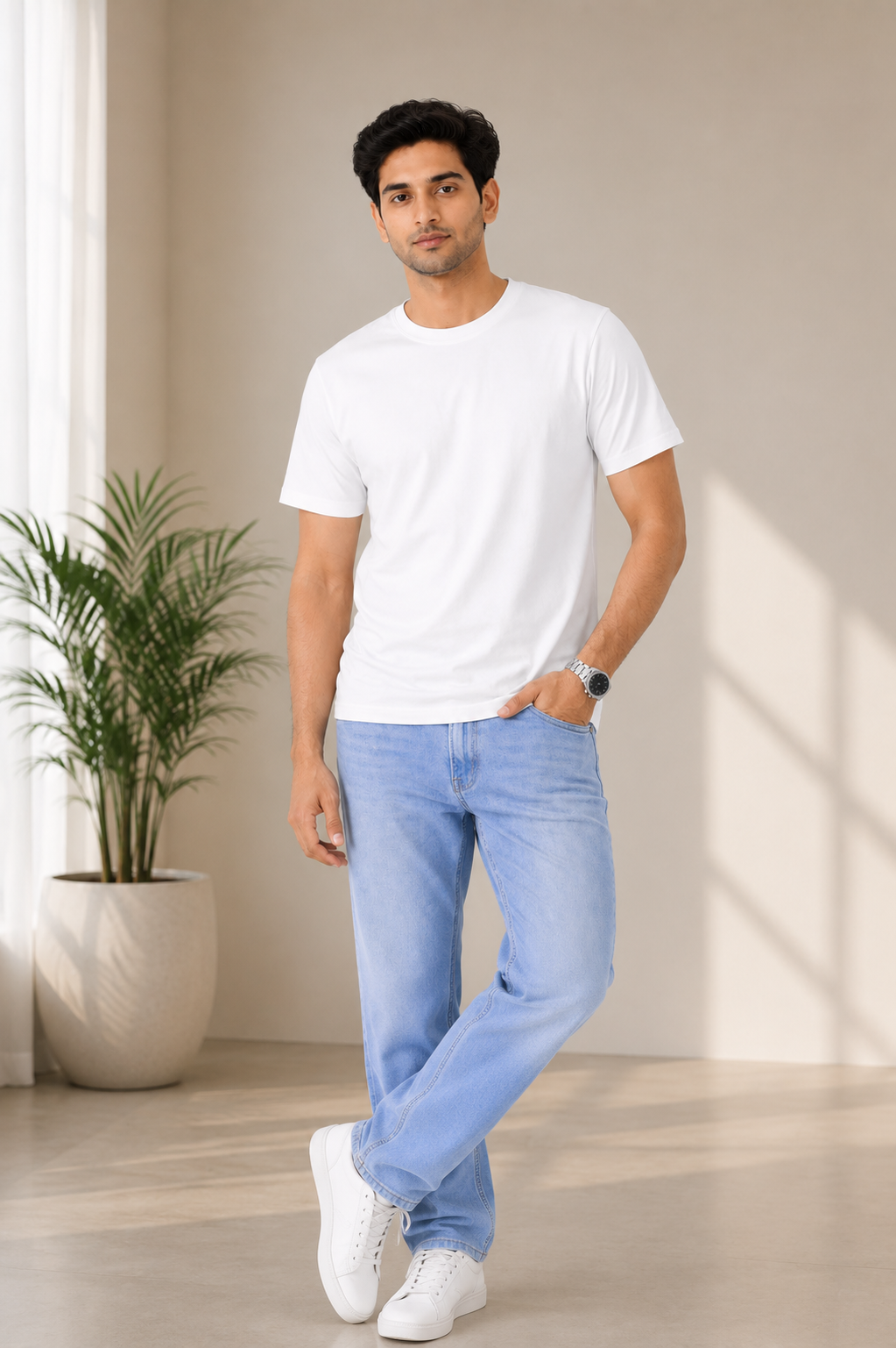 Man wearing a white t-shirt and light blue jeans standing indoors with a plant in the background.