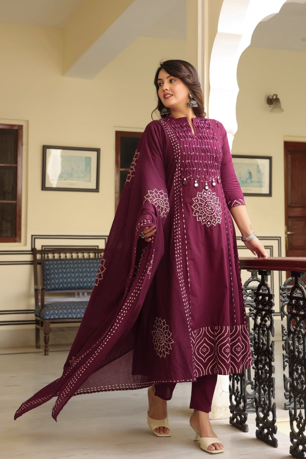 Royal Purple Cotton Kurta Pant Dupatta Set for Women