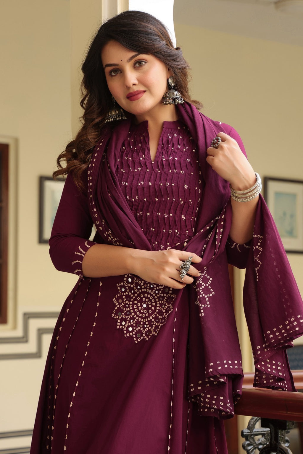 Royal Purple Cotton Kurta Pant Dupatta Set for Women