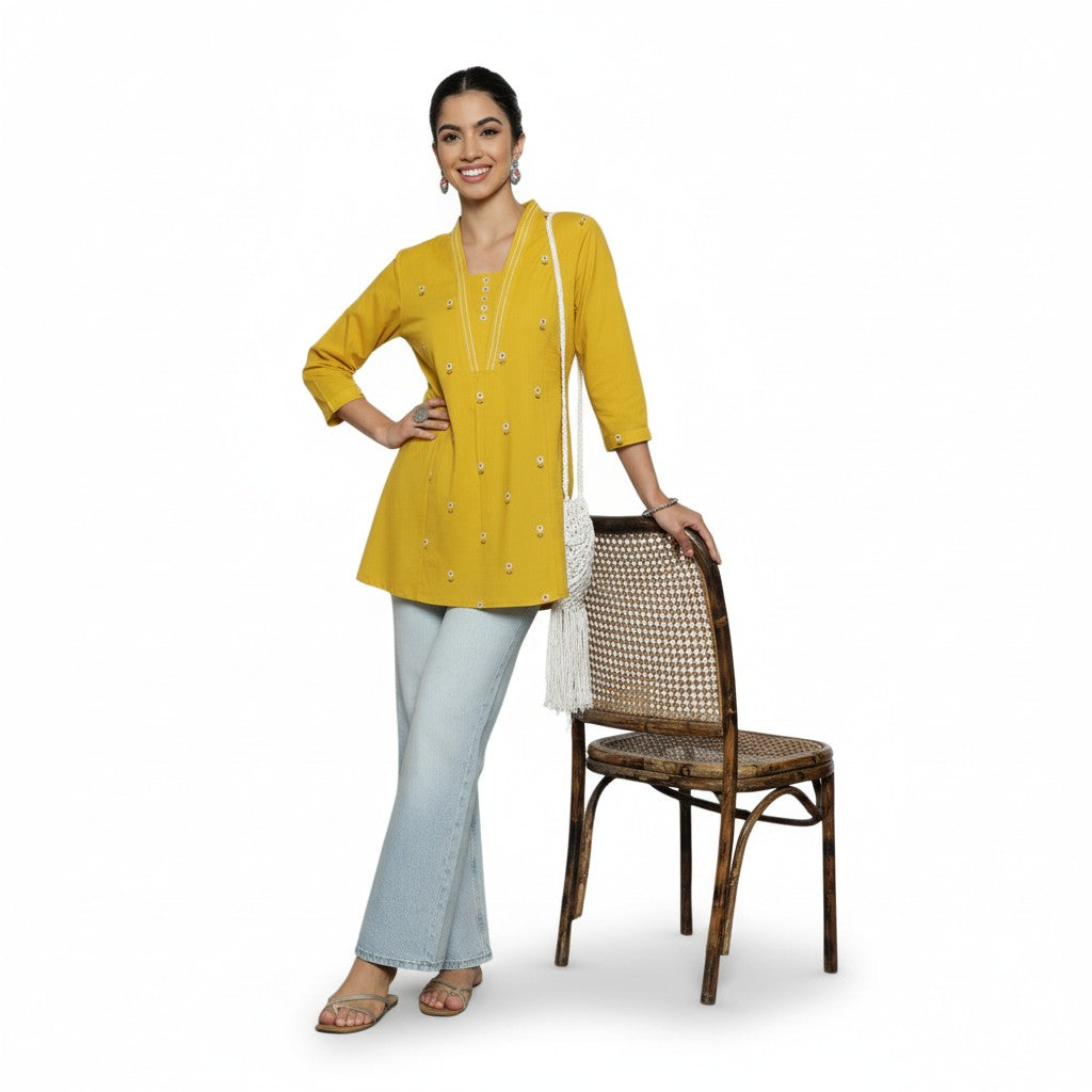 Women’s Mustard Yellow Cotton Embroidered Short Top