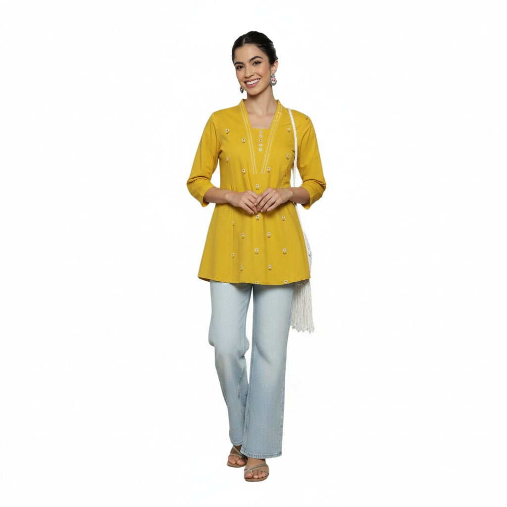 Women’s Mustard Yellow Cotton Embroidered Short Top