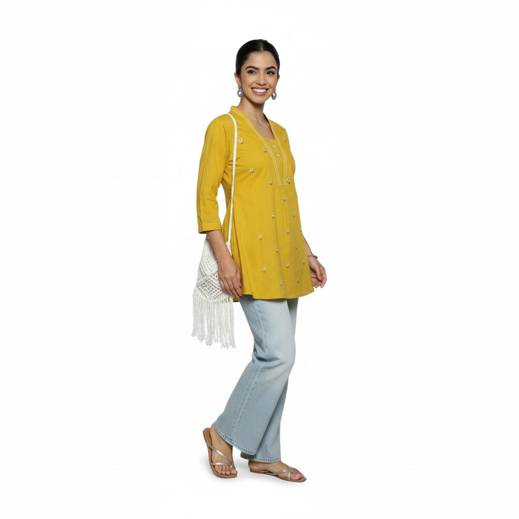 Women’s Mustard Yellow Cotton Embroidered Short Top