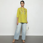 Women’s Lime Yellow Cotton Embroidered Short Top