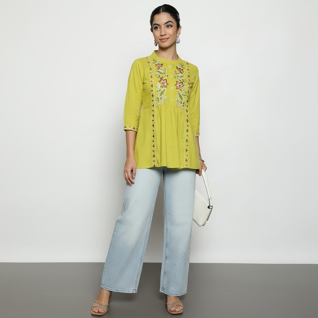 Women’s Lime Yellow Cotton Embroidered Short Top