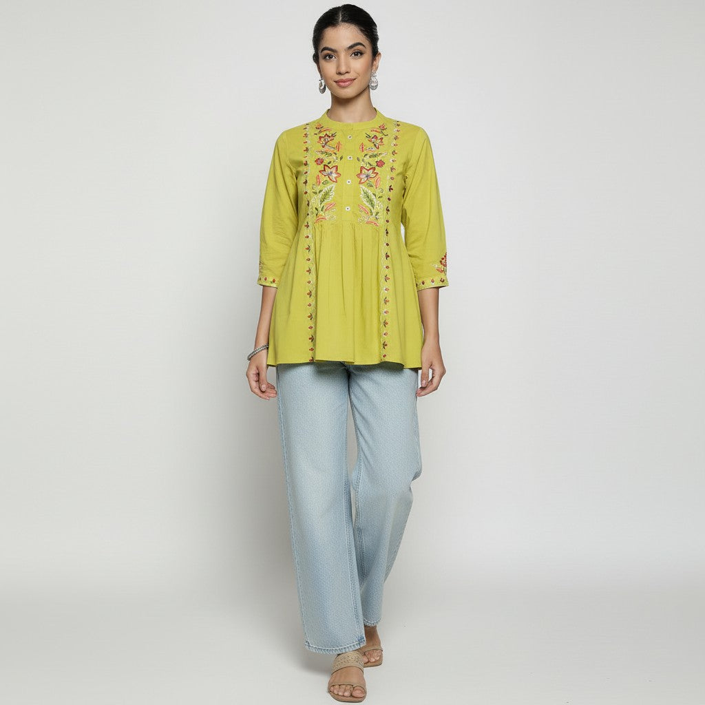 Women’s Lime Yellow Cotton Embroidered Short Top