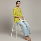 Women’s Lime Yellow Cotton Embroidered Short Top