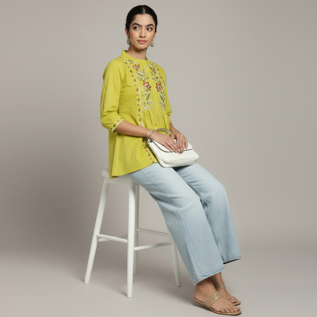 Women’s Lime Yellow Cotton Embroidered Short Top