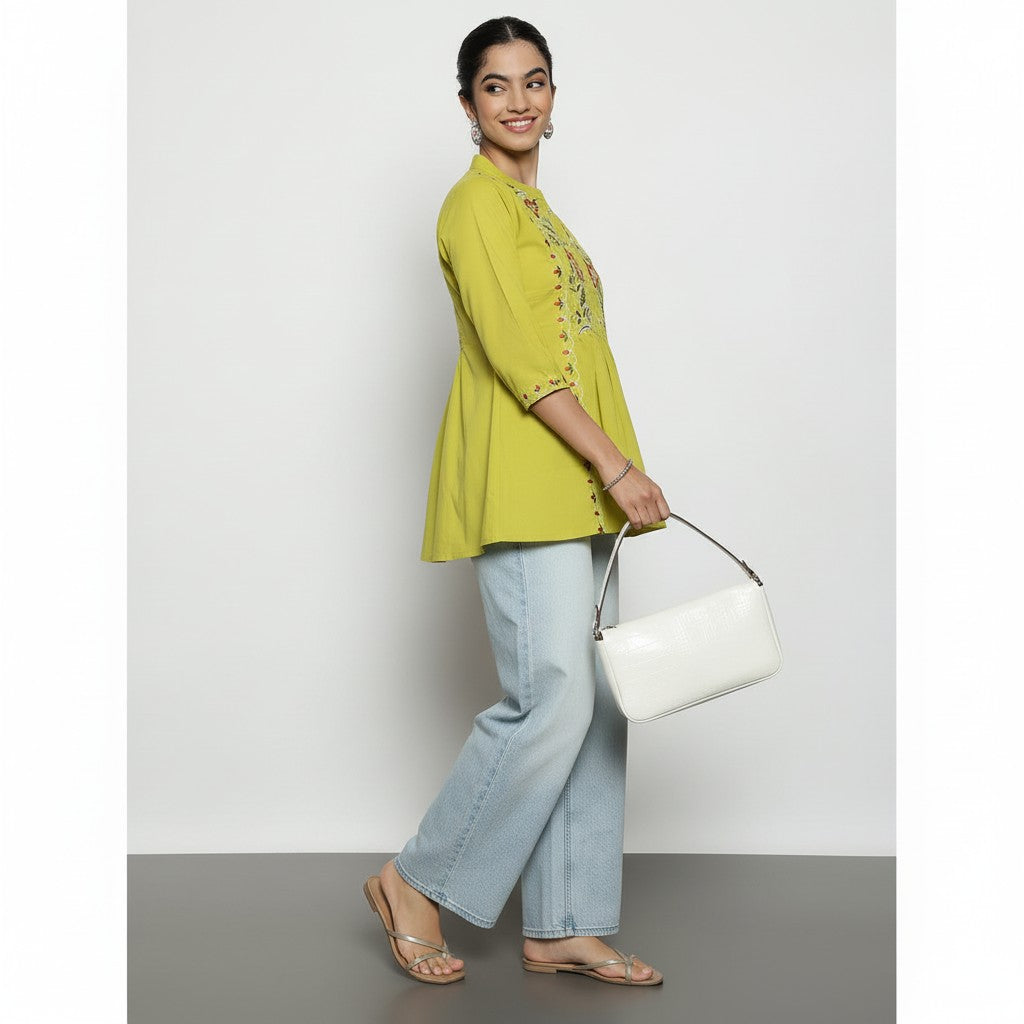 Women’s Lime Yellow Cotton Embroidered Short Top