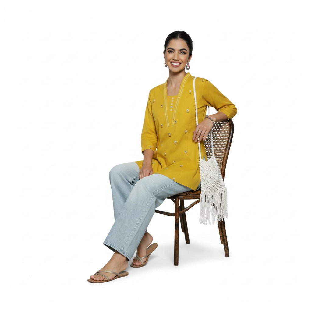 Women’s Mustard Yellow Cotton Embroidered Short Top