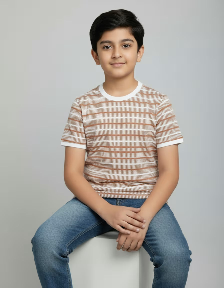 Kids Beige Striped Cathonic Fabric T-Shirt – Soft Casual Round Neck Tee for Boys