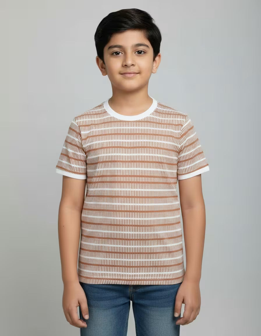 Kids Beige Striped Cathonic Fabric T-Shirt – Soft Casual Round Neck Tee for Boys