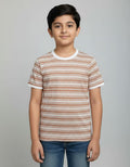 Kids Beige Striped Cathonic Fabric T-Shirt – Soft Casual Round Neck Tee for Boys